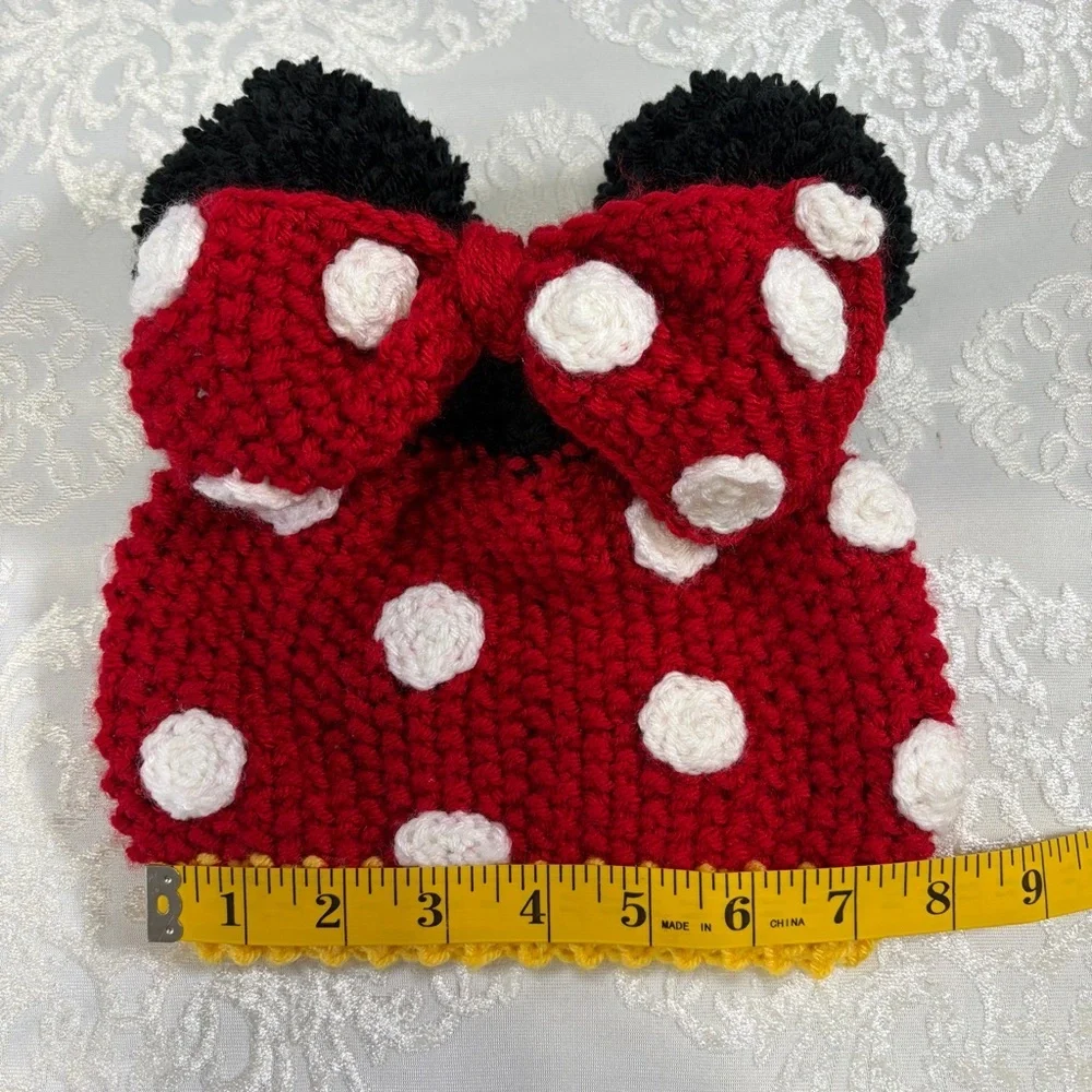 Hand knit Kids Minnie Mouse Pom Pom Beanie Toboggan